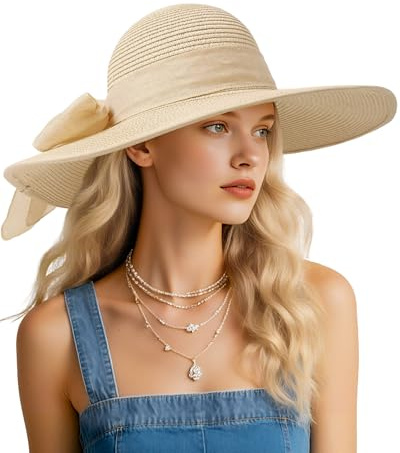Beach Sun Straw Hats for Women, Wide Brim UPF 50+ UV Sun Protection Summer Straw Hat Packable Foldable Roll up Cap