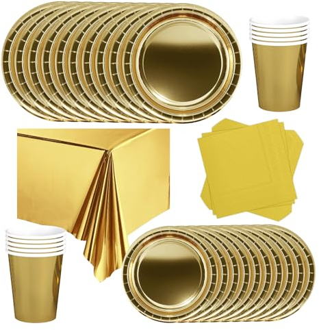 POPOYU Partygeschirr Kindergeburtstag Golden,69 Stück Geburtstagsparty Geschirr Pappteller Set,Tischdecke Papier Tassen Teller Servietten zum Weihnachten,Geburtstag,Hochzeiten,Jubiläums(16 Gäste)