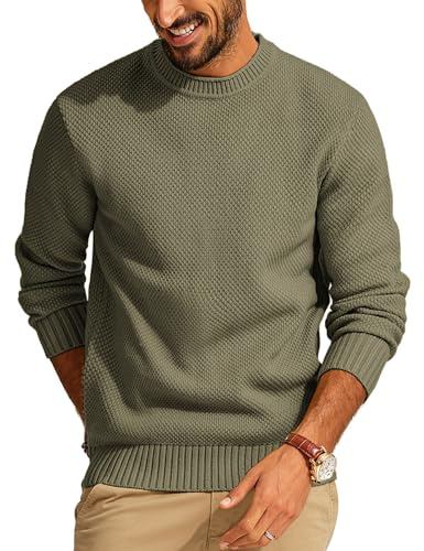 PJ PAUL JONES Jersey de punto fino para hombre, manga larga, corte regular, con cuello redondo, Verde grisáceo., M