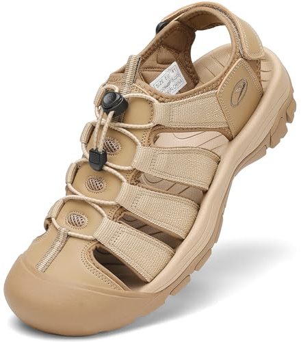 FLARUT Sandaler Sport Herr Sommar Utomhus Strand Vandring Läder Skor Kardborreband Vattentäta Skor Strand(Khaki,42 EU)