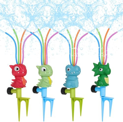 MoKo Water Sprinkler for Kids, Dinosaur Toddler Outdoor Toys with 4 Wiggle Tubes and Hose Clamp, Outdoor Play Toys Spray Up to 8ft, Summer Water Toys Sprinklers for Yard Lawn Garden, 4 Pack, 4 Colors