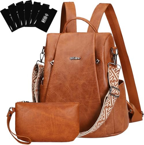 Eshow Rucksack Damen Klein, Anti-Diebstahl Elegant Cityrucksack, Wasserdichter Tagesrucksack Veganes Leder, Rucksacktasche mit Clutchbag RFID Blocker Modern für Pendeln Schule Arbeit Reise Braun