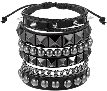 ValueBargain 4Pcs Studded Bracelet, Punk Rock Leather Bracelets for Women with Studs, Adjustable Wristbands for Men & Women