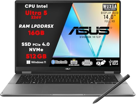 ASUS Pc Portatile Vivobook 14 Flip 5, Intel Core Ultra 5, 16Gb RAM, SSD 512GB, Notebook 14.0 Oled Touch Screen, Computer Portatile, Laptop, Tastiera Retroilluminata, Con Pennino In Dotazione