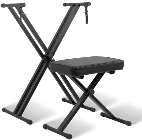 STRICH Piano Keyboard Stand Stool Set, Adjustable Double X-Style Portable Stand for 54-88 Key Electric Digital Keyboards Pianos & Piano Bench, Chair, Black, SKT-01 & SPB-M10X
