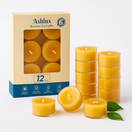 Ashlux 12 Velas de Té de Cera de Abeja Natural, Color Amarillo, 6 Horas de Combustión, Vaso Acrílico Transparente, Ideales para Navidad, Boda, Fiesta y Hogar