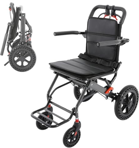 MEHOOSPVN Silla de ruedas plegable ligera ultraligera, silla de ruedas de transición, freno en las asas, silla de ruedas de viaje, capacidad de carga de 100 kg, aleación de acero al carbono para
