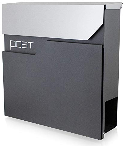 BITUXX® Design Briefkasten Wandbriefkasten Hausbriefkasten Postkasten Edelstahl mit Zeitungsfach Anthrazit Graphit Optik und Edelstahl Klappe