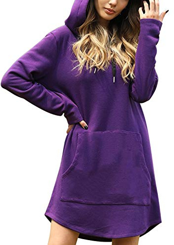 Dam ledig lös dragsko huvtröja sweatshirt enfärgad pullover långa toppar långärmad miniklänning med fickor, Lila, 40
