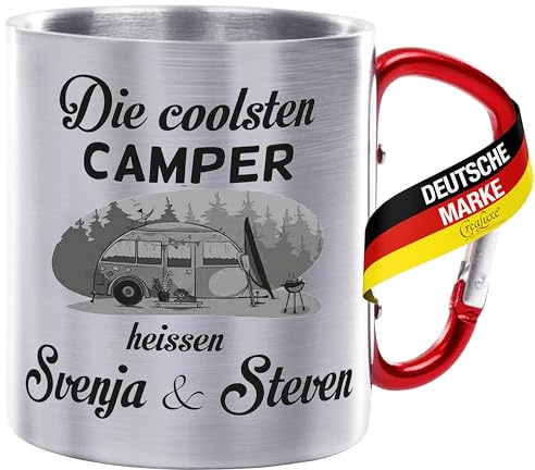 Crealuxe Edelstahltasse mit Karabiner - Die Coolsten Camper heißen Wunschname - 330ml, Tasse personalisiert, Kaffeetasse, Bürotasse, Metalltasse mit Name