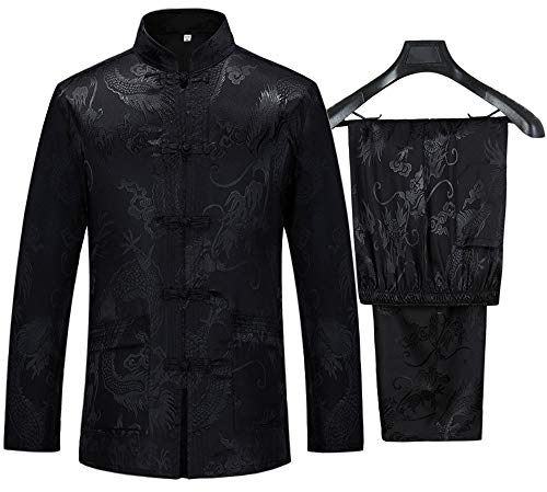 wecotton Kung Fu Costume Ensembles Hommes Chinois Tang Costume Hanfu Vêtements Arts Martiaux Chemise Traditionnel Wing Chun Taichi Uniformes Tops Bas (EU L (Taille De l'Asie XXL), Noir) NZE034