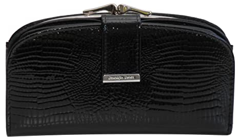 Jennifer Jones - präsentiert von ZMOKA - edle geräumige XXL Damen Bügelbörse Damengeldbörse Portemonnaie in Kroko Optik Lackleder mit 14 Kartenfächern (Schwarz)