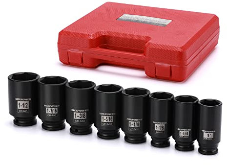 MIXPOWER 8 Pieces 1/2-Inch Drive Deep Impact Socket Set, CR-MO, 6 Point, Deep, SAE, 1-Inch - 1-1/2 inch, 1/2 Drive Axle Nut Socket Set