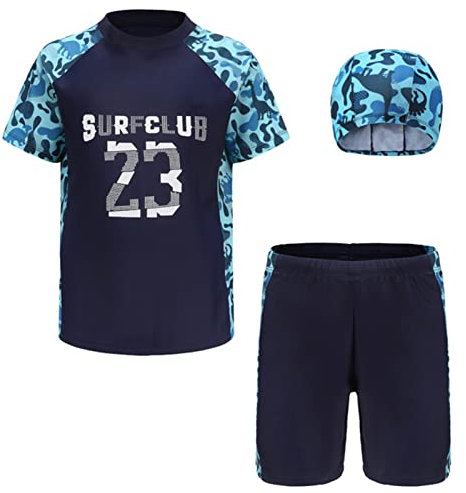 iEFiEL Barn pojkar badmode ränder baddräkt i ett stycke UV skydd badset långärmad badskjorta badshorts med badmössa, Kamouflage grön, 140-146