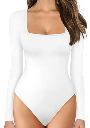 KOEMCY Body Femme Sexy Manches Longues Playsuit Top Bodysuit Jumpsuit Slim Unicolore Col Square Moulant Top Haut Shirt Combishort Casual (Blanc, S)