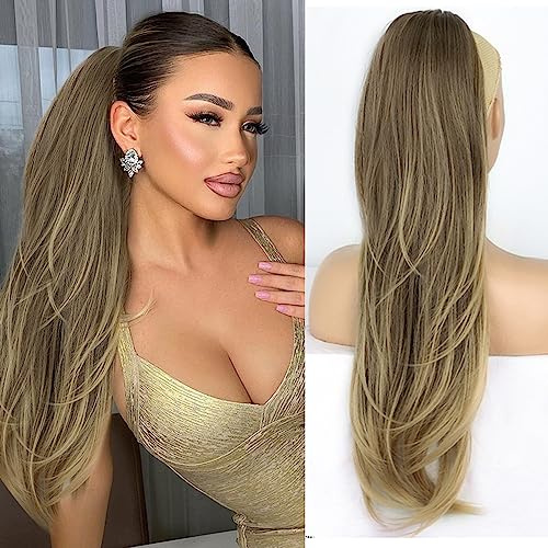 PORSMEER Coda Capelli Extension con Coulisse,Ponytail Lungo Lisci Onda ondulato naturale coda di cavallo capelli sintetica Posticci Extension Capelli marrone mix biondo per Donna,65 cm