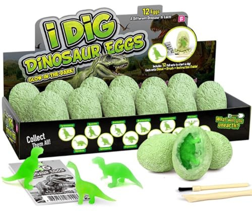12-Pack Glow in The Dark Dinosaur Excavation Kit for Kids - Educational STEM Fossil Digging Egg Activity – Dig up & Discover Real Dino, Scientific Archaeology Set for Boys & Girls
