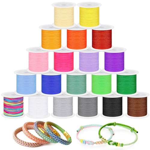 Swpeet Lot de 20 Cordes en Nylon Multicolores de 20 m pour Bracelets, Tresses, Perles, Colliers, macramé, Artisanat, Carillon éolien, Bijoux