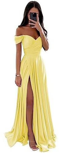 ECDAHICC axellös brudtärneklänning för kvinnor i satin, lång slits, elegant formell aftonklänning i A-linje, bröllops- och festklänning, Ljus gul, M