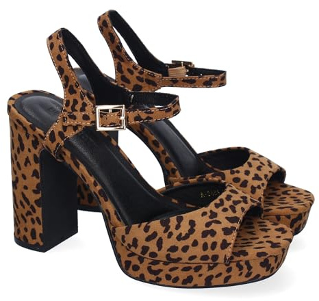 88684 Sandalia de Tacon Alto para Mujer, Comodo, Estampado Animal Print, Palas Finas, y Cierre de Hebilla en el Tobillo. Leopardo Talla 39