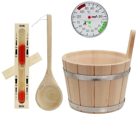 HAF® Set de cubo de sauna de madera de coníferas de 5 litros con inserto, paleta de sauna de 40 cm, madera de pino, reloj de arena y medidor climático | Cubo de infusión resistente a la humedad |