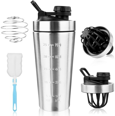 Protein Shaker aus Edelstahl mit Kugel, 750 ml Protein Shaker mit Tragegriff und Messskala für Sport, Fitness, Eiweiß