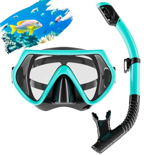 Schnorchelset Erwachsene, Schnorcheln Set mit Taucherbrille und Dry Schnorchel, Anti-Fog Anti-Leck Schnorchelmaske aus Gehärtetem Glas, für Tauchen Schnorcheln Schwimmen