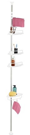 Relaxdays Estantería Ducha Telescópica, Alto 99–311 cm, Rinconera Baño sin Taladro, 4 Baldas, Esquinera Toallero, Blanco
