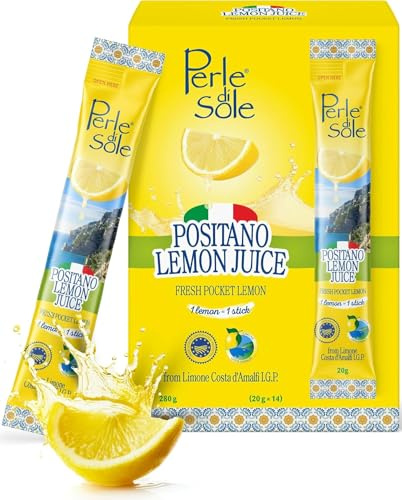 Perle di Sole – Positano Lemon Juice in Stick, 14 Astucci da 20 ml – Vero Succo di Limone Costa d’Amalfi I.G.P. 100% Italiano – Pratico e Naturale, Made in Italy