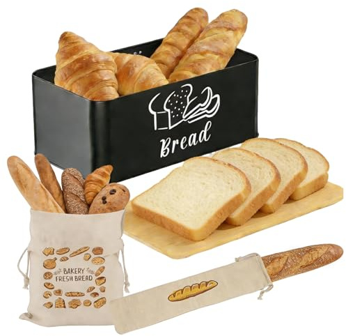 ASOUUNLD Portapane in Metallo con Coperchio in bambù,Contenitore Pane da Cucina con 2 Pz Sacchetti di Lino,Portapane da Cucina Moderno per Pane a Lievitazione Naturale, Panini e Pagnotte