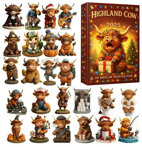 Highland Cow - Calendario de Adviento de Navidad 2025, calendario de cuenta regresiva de Navidad, cuenta regresiva de 24 días con adornos acrílicos 2D, decoración navideña para niños, adolescentes