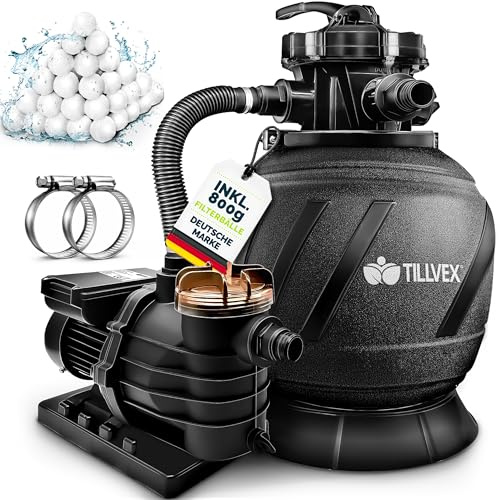 tillvex Système de Filtre à Sable 10m³/h + 800g Boules de filtre – 7 Fonctions | Filtre de Piscine avec indicateur de pression | Filtre à sable pour bassins & piscines (AquaBlack Pro)