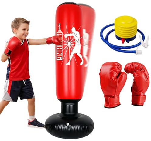 Boxningssäck för barn från 6–12 år, 160 cm stående boxningssäck, uppblåsbar med boxningshandskar, stående present till pojkar och flickor, övning av karate, kickboxning, taekwondo, MMA