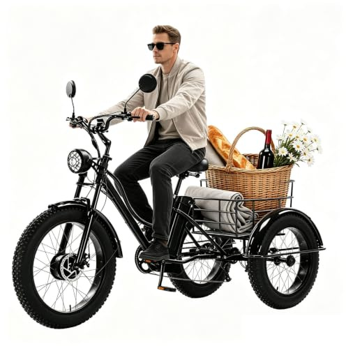 BoluDukNN 24'' 7 Speeds Electric Tricycle for Adults,48v 15ah Removable Battery,Lcd Display,Fat Tire E Trike with Large Capacity Basket,3 Wheel Electric Bike Black