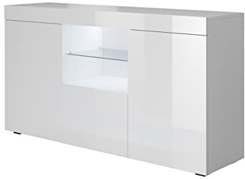 MB Muebles Bonitos | Aparador Sefora para Salón Comedor Moderno de 3 Puertas | Luces Led | Mueble Auxiliar | Melamina Brillo Color Blanco | 135x72x34 cm