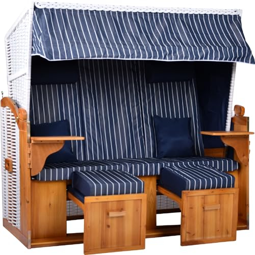 intergrill Strandschönheiten Strandkorb Marita Ostsee XXL | 2,5-Sitzer Blau Weiß gestreift| Mit Schutzhülle | Perfekt für Garten Terrasse Balkon