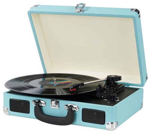 Vinyl Record Player, 3 Speeds Suitcase Portable Record Player with Built-in Speakers, Vintage Belt Driven Turntable with RCA Output/Headphone/Aux in Jack/45 Adapter Blue