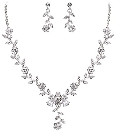 Clearine Set di gioielli per matrimonio da donna Foglia Cluster Fiore Cristalli Ciondolo Collana Orecchini pendenti per Sposa Trasparente Argento-fondo
