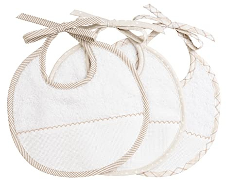 Filet - Set 3 Bavaglini Neonato a forma rotonda |spugna bianca di alta qualità |Taschina in tela aida da ricamare | Dims 22x22 cm |Palette Bianco e Beige