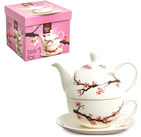 Lujo - Tetera - 3 piezas - Juego de té japonés - Sakura - Hecho a mano - Tea for one - 100% Porcelana - Tetera de doble pared - Con platillo - Taza de té