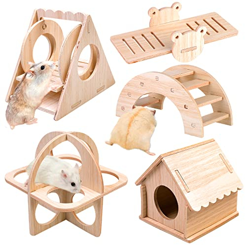Vegena Spielzeug für Hamster aus Holz - DIY Hamster Versteck Haus Brücke Wippe Schaukel Trainingspielzeug - Zubehör für Den Käfig Rennmäuse Ratten Zwerghamster