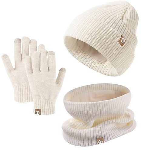 Gorro de Punto Térmico Guantes y Bufanda, Niños Niñas de Cálido Bufanda Guantes Pantalla Táctil Punto Sombreros con Pompon Set para 5-12 Años Deportes al Aire Libre Invierno Regalo (Beige)