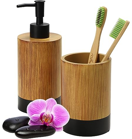 KADAX 2-Teiliges Badezimmer-Set, Seifenspender und Zahnputzbecher in Holzoptik, Badezimmerzubehör für WC, Hygienisches Bad-Set für Zuhause und Badezimmer (Holz-Schwarz)