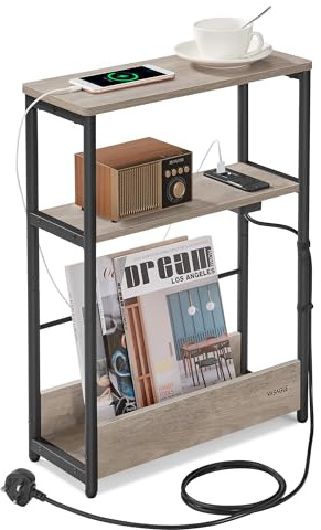 VASAGLE 3-Tier Slim Side Table with Charging Station | Narrow Bedside Table, End Table for Small Spaces, Magazine Rack, Heather Greige and Matte Black, BARNET Collection LET335K06