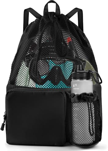 BROTOU Schwimmen Tasche, Schwimmtasche Mesh-Rucksack mit Kordelzug, Strandrucksack Turnbeutel Sportbeutel Verstellbar Tunnelzug Gymsack Wasserfest Sporttasche für Herren Damen Kinder Jugend (Schwarz)