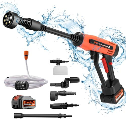 Idropulitrice Portatile, Bravolu 500 PSI Idropulitrice a Batteria con Kit di Accessori, 4.0Ah Batteria Idropulitrice con Ugello Multifunzione 6 in 1, Ideale per Auto Barche Giardino