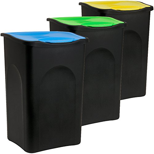 Deuba® Set of 3 x 50 L Kitchen Bins | Multi-Coloured Hinge Lids | Recycling | Food Waste | Paper | Waste Separation System | 56cm x 37 cm x 39cm