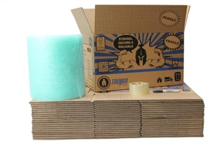 Trojan Home Moving Kit Large - Contains 20 Strong Packing Boxes 51x29x29cm, Clear Packaging Tape, 25m of Green Bio Bubble Wrap and 1 Sharpie Pen - House Moving Essentials