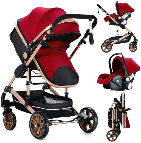 Nine point nine Barnvagnspaket 3-i-1, set med vändbar liggdel, sittdel och babyskydd, dubbelt skjutläge, duovagn med stor och bekväm liggvagn, stomme av aluminiumlegering (739 rött)