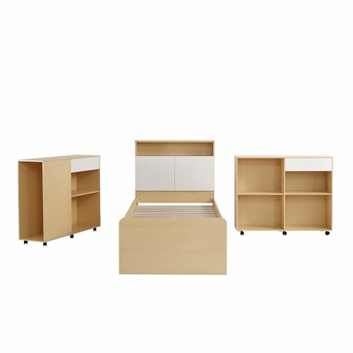 Komplettschlafzimmer Set, Jugendzimmerkombination, Einzelbett + Schränke, Jugendbett, Paneelbett mit 4 Schubladen, 2 Schränke mit Rollen am Boden, MDF + Spanplatte, Weiß + Helleichefarbe, 90x200cm